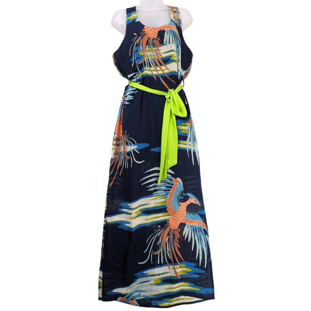 Eunishop Size L Tropical Phoenix Bird Maxi Dress Sheer Halter Side Slit Resort‎